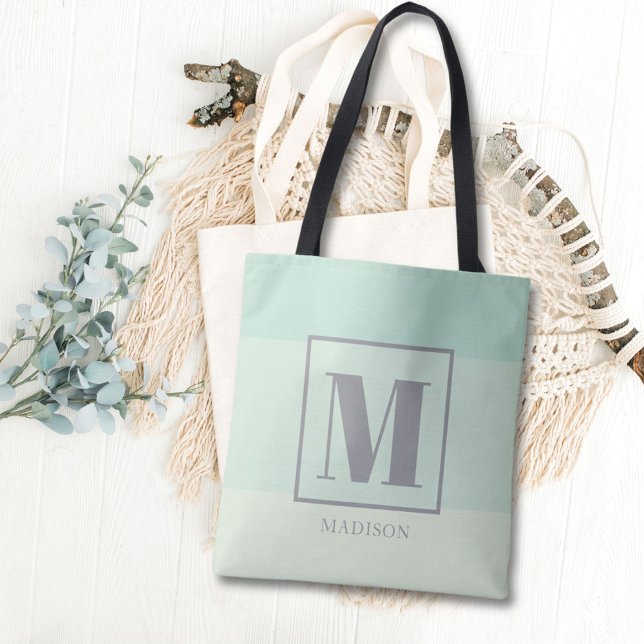 Seafoam Green Colour Blocks Custom Monogram Name  Tote Bag (Creator Uploaded)