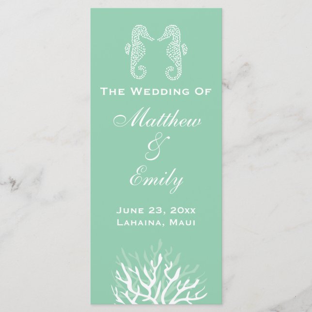 Seafoam Green Coral Reef Seahorse Wedding Program Programme (Front)