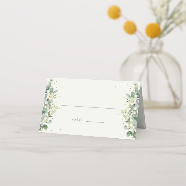 Seafoam Green/Cream Snowberry + Eucalyptus Wedding Place Card (Front)