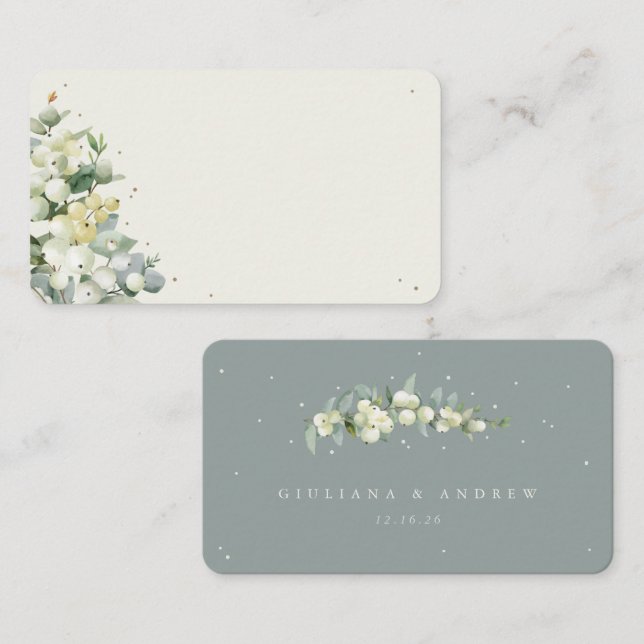 Seafoam Green/Cream Snowberry+Eucalyptus Wedding Place Card (Front/Back)