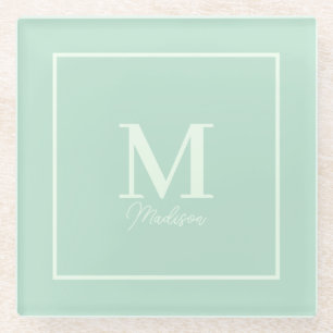 Seafoam Green Custom Monogram Name Glass Coaster