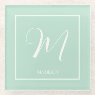 Seafoam Green Custom Monogram Name Glass Coaster
