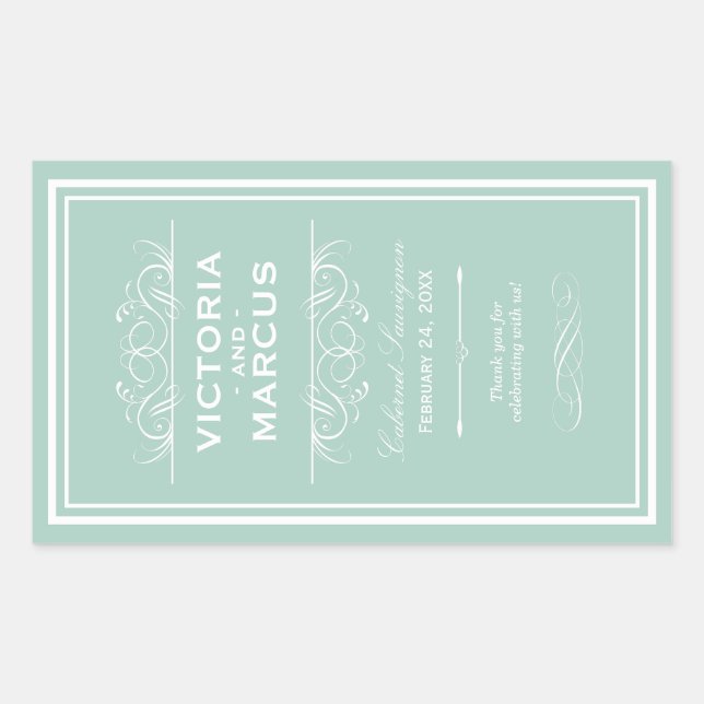 Seafoam Green Elegant Wedding Monogram Wine Bottle Rectangular Sticker (Front)