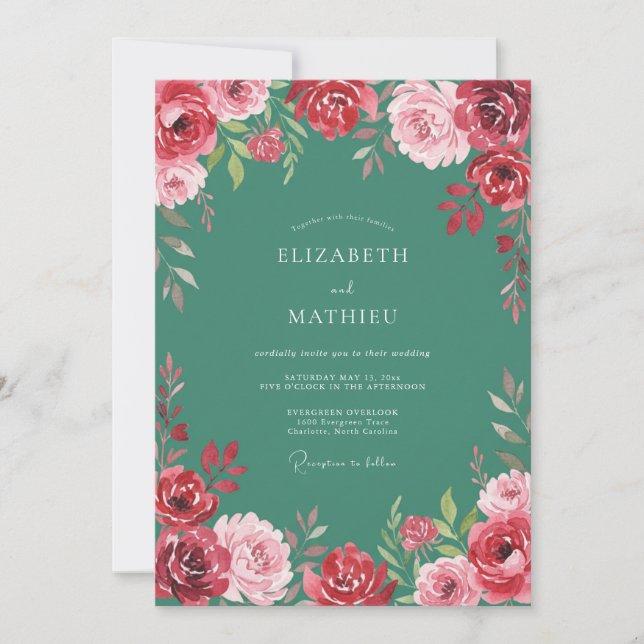Seafoam Green Exuberant Floral Wedding Invitation (Front)