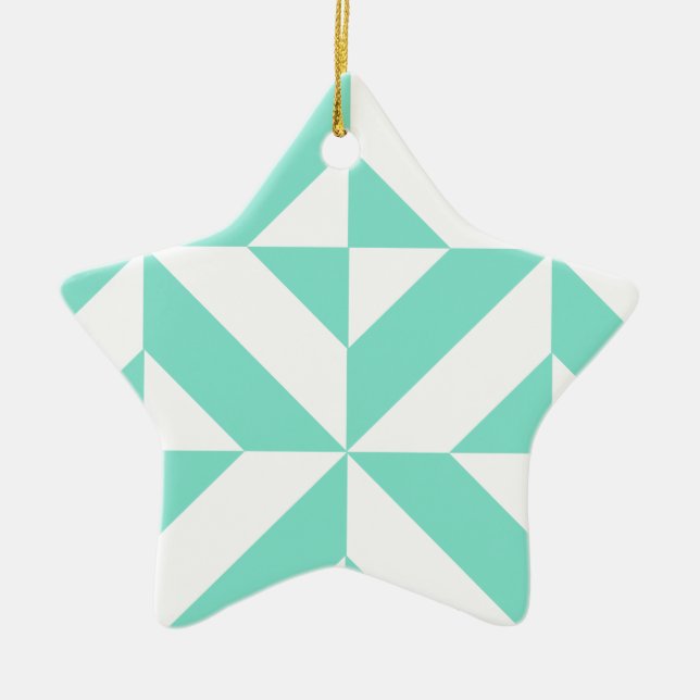 Seafoam Green Geometric Deco Cube Pattern Ceramic Tree Decoration (Front)