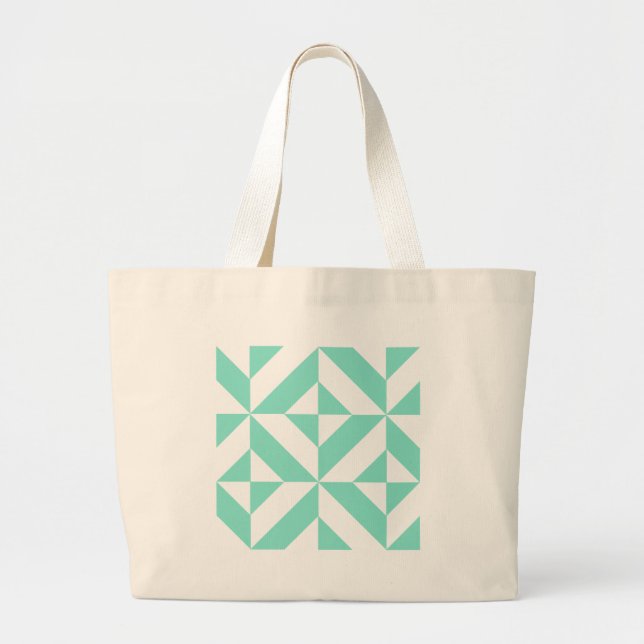 Seafoam Green Geometric Deco Cube Pattern Large Tote Bag (Front)