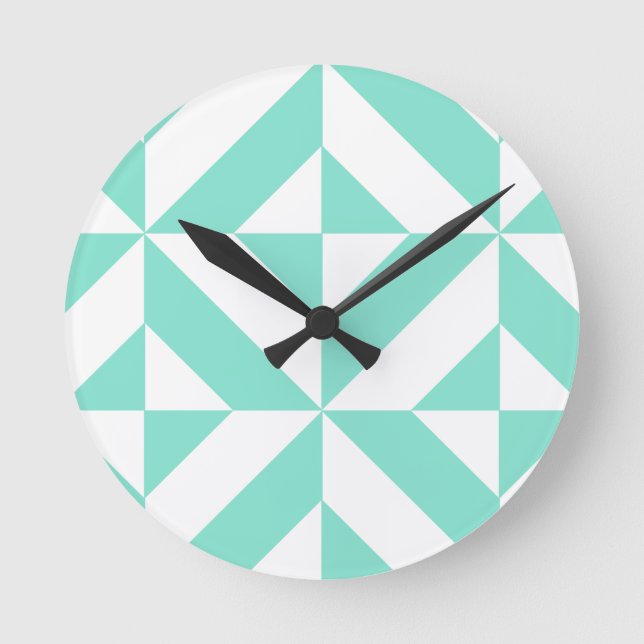 Seafoam Green Geometric Deco Cube Pattern Round Clock (Front)