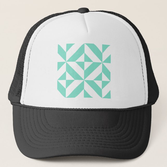 Seafoam Green Geometric Deco Cube Pattern Trucker Hat (Front)