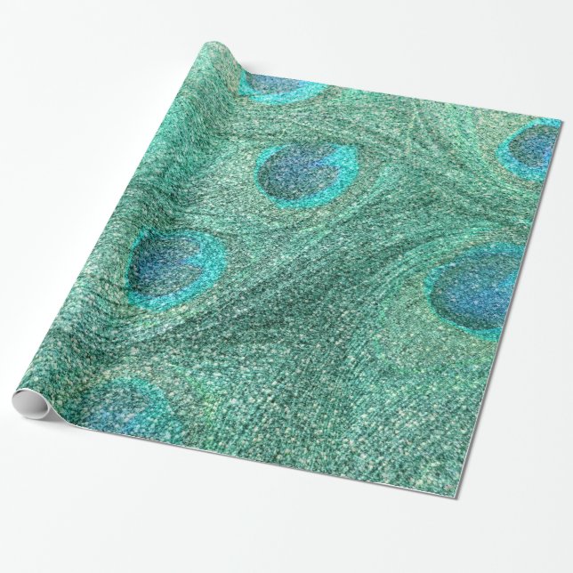 Seafoam green glitter peacock feathers wrapping paper (Unrolled)