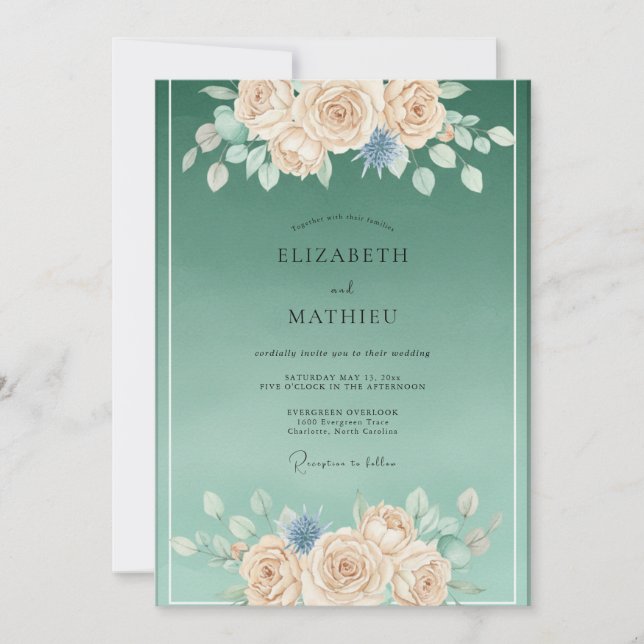 Seafoam Green Graceful Botanical Wedding Invitation (Front)