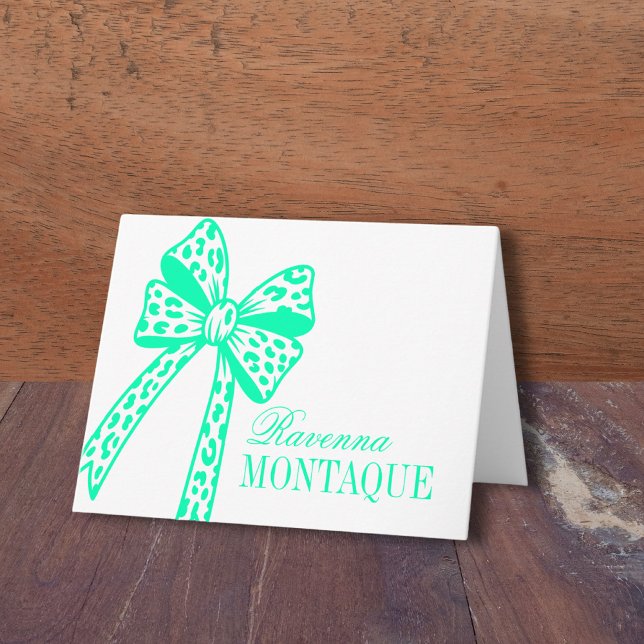 Seafoam Green Leopard Bow Handwritten Name Party Note Card (Creator Uploaded)