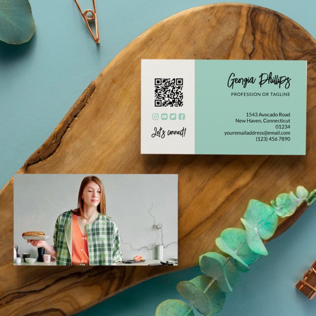 Seafoam Green QR Code Photo Social Media Icons Business Card (Creator Uploaded)