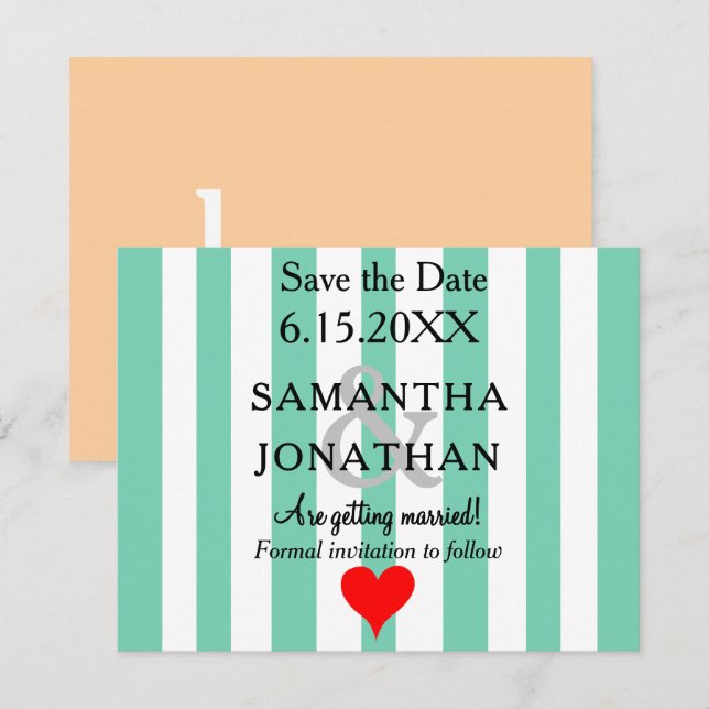 Seafoam Green Red Heart Wedding Save The Date (Front/Back)