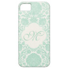 Seafoam Green Retro Floral Damask with Monogram