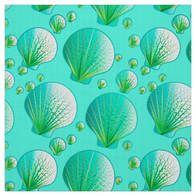 Seafoam green seashells on aqua fabric (Swatch)