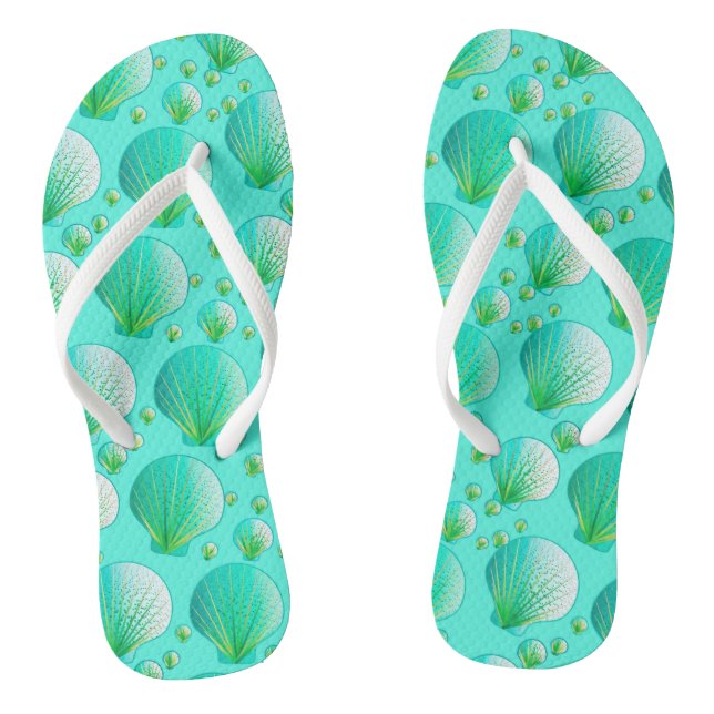 Seafoam green seashells on aqua flip flops (Footbed)