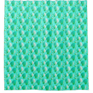 Seafoam green seashells on aqua shower curtain