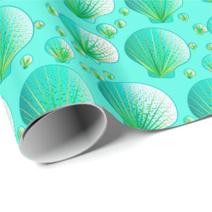 Seafoam green seashells on aqua wrapping paper
