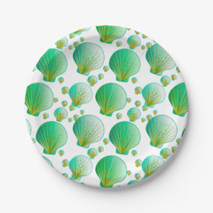 Seafoam green seashells on white paper plate