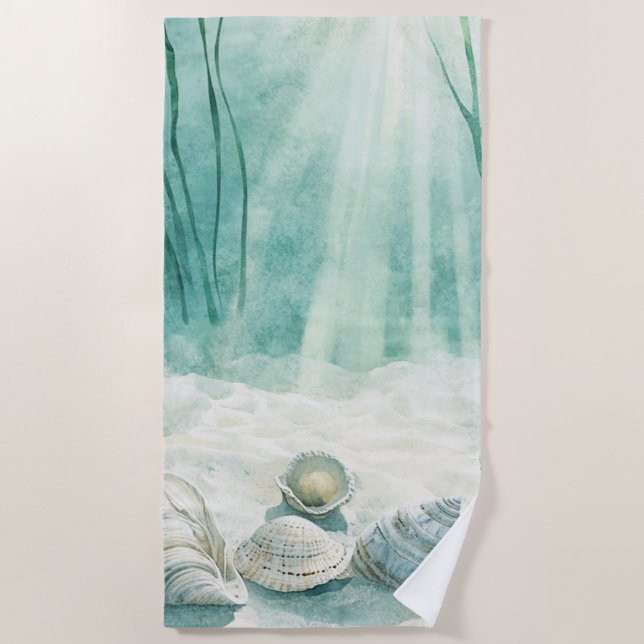 Seafoam Green Shower Curtain with Seashell Design Beach Towel (Front)