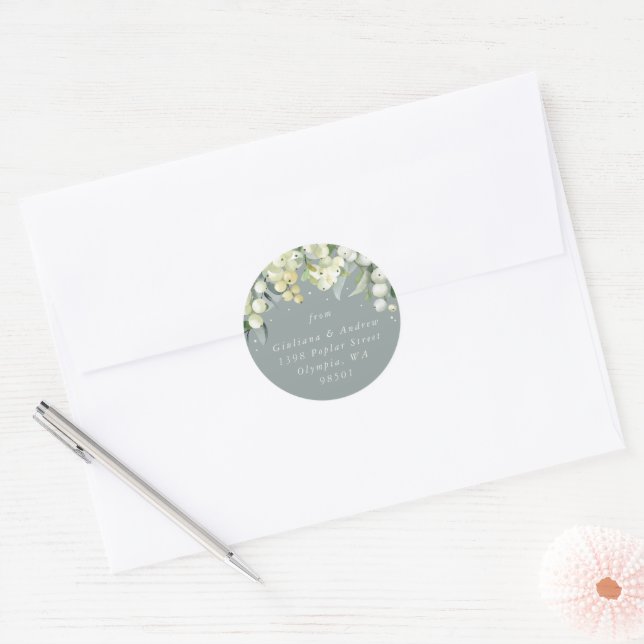 Seafoam Green Snowberry+Eucalyptus Address Classic Round Sticker (Envelope)