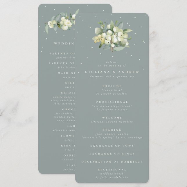 Seafoam Green Snowberry+Eucalyptus Bouquet Wedding Programme (Front/Back)