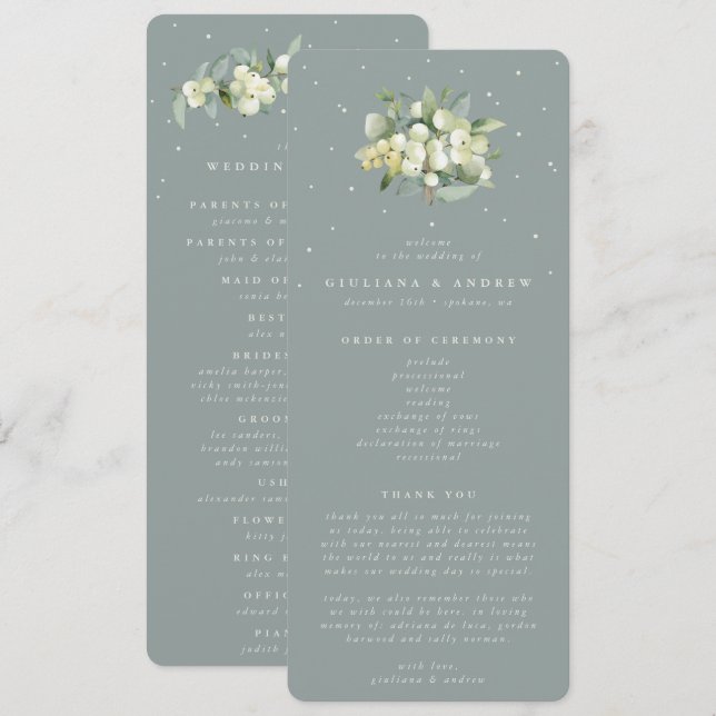 Seafoam Green Snowberry+Eucalyptus Bouquet Wedding Programme (Front/Back)