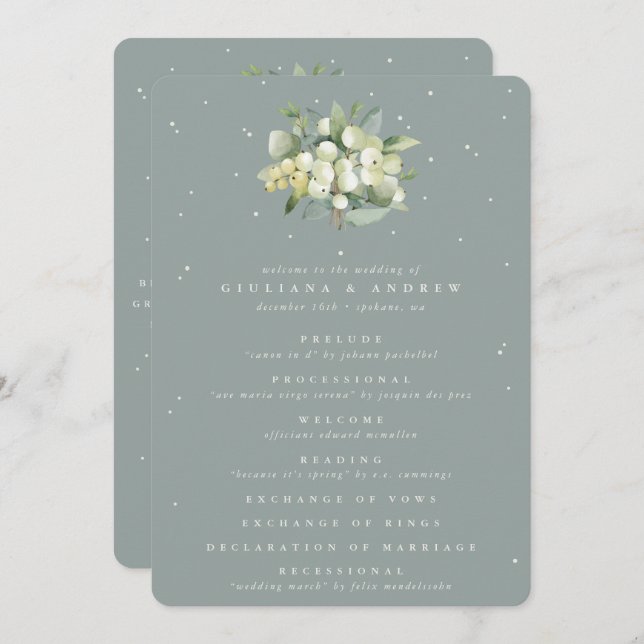 Seafoam Green Snowberry+Eucalyptus Bouquet Wedding Programme (Front/Back)
