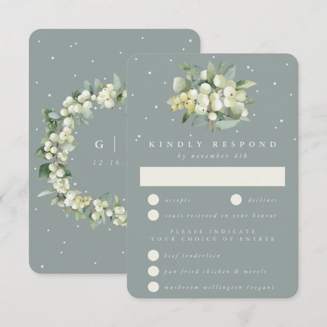 Seafoam Green Snowberry+Eucalyptus Bouquet Wedding RSVP Card (Front/Back)