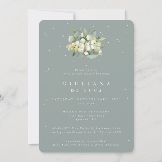 Seafoam Green Snowberry+Eucalyptus Bridal Shower Invitation (Front)