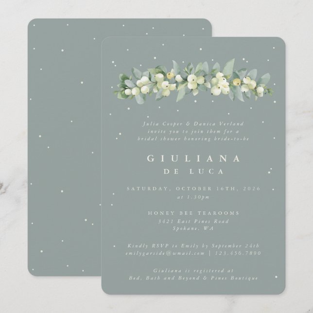 Seafoam Green Snowberry+Eucalyptus Bridal Shower Invitation (Front/Back)
