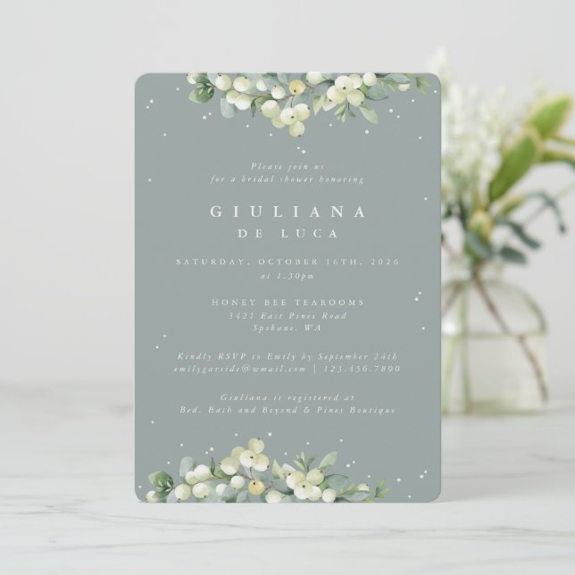 Seafoam Green Snowberry+Eucalyptus Bridal Shower Invitation (Standing Front)