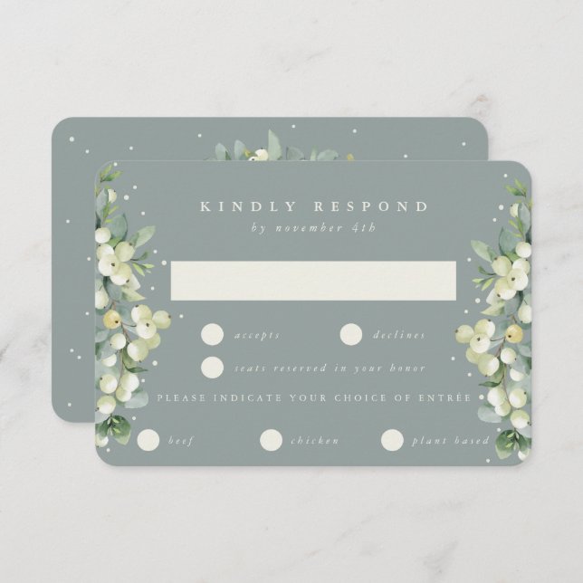 Seafoam Green Snowberry+Eucalyptus Edged Wedding RSVP Card (Front/Back)