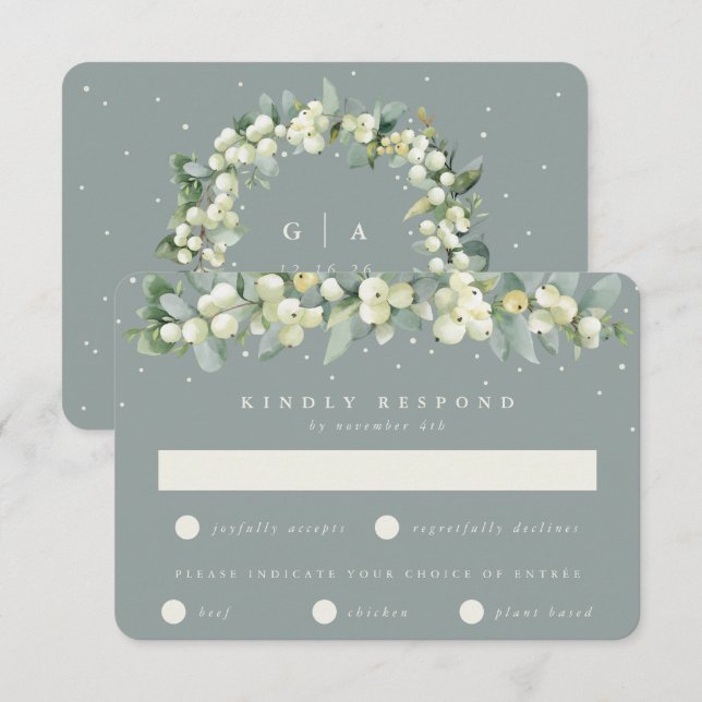 Seafoam Green Snowberry+Eucalyptus Garland Wedding RSVP Card (Front/Back)