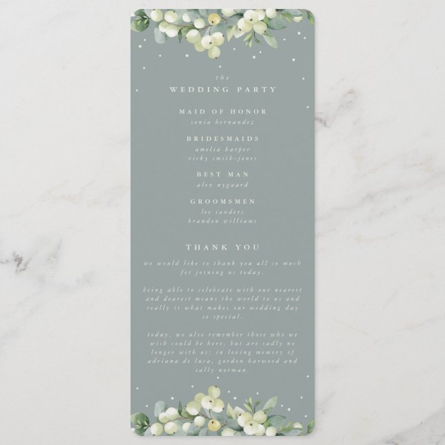 Seafoam Green Snowberry+Eucalyptus Stem Wedding Programme (Back)