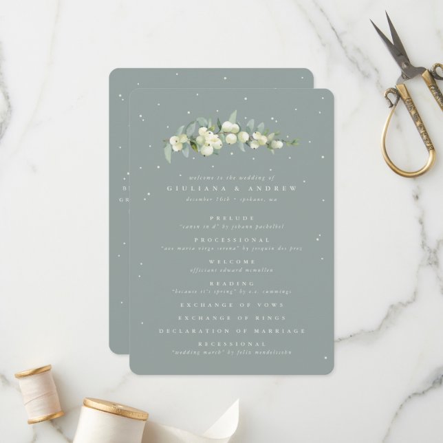 Seafoam Green Snowberry+Eucalyptus Stem Wedding Programme (Front/Back In Situ)