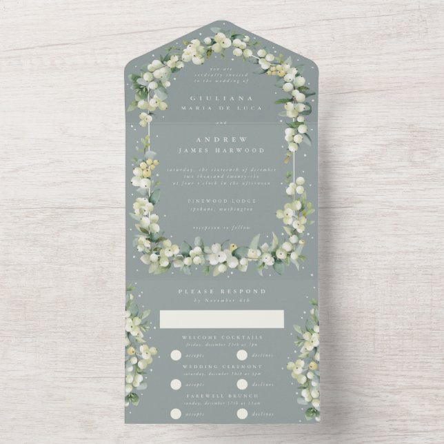 Seafoam Green Snowberry + Eucalyptus Wedding All In One Invitation (Inside)