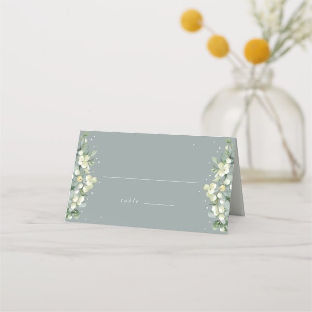 Seafoam Green Snowberry+Eucalyptus Wedding Place Card (Front)