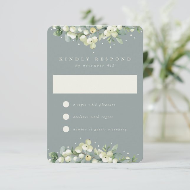 Seafoam Green  Snowberry+Eucalyptus Wedding RSVP Card (Standing Front)