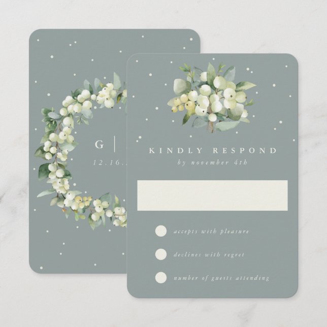 Seafoam Green Snowberry+Eucalyptus Wedding RSVP Card (Front/Back)
