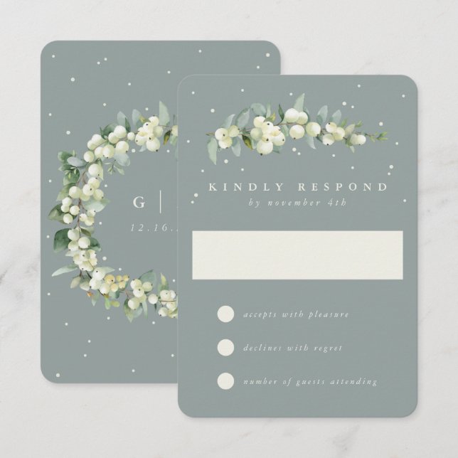 Seafoam Green Snowberry+Eucalyptus Wedding RSVP Card (Front/Back)