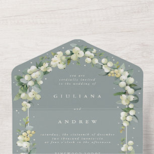 Seafoam Green Snowberry+Eucalyptus Winter Wedding All In One Invitation