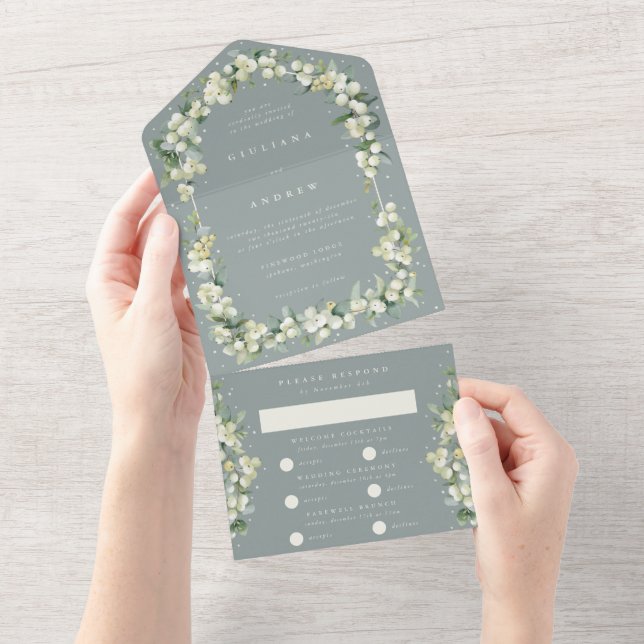 Seafoam Green Snowberry+Eucalyptus Winter Wedding All In One Invitation (Tearaway)