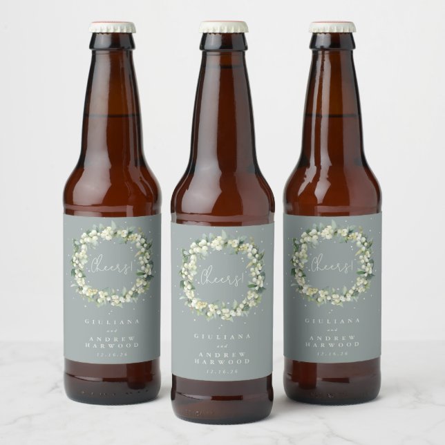 Seafoam Green Snowberry+Eucalyptus Winter Wedding Beer Bottle Label (Bottles)