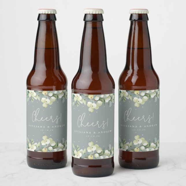 Seafoam Green Snowberry+Eucalyptus Winter Wedding Beer Bottle Label (Bottles)