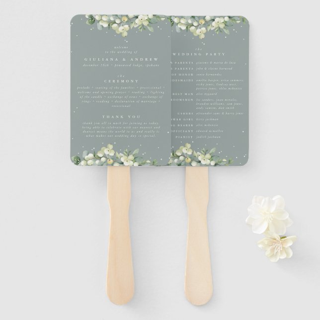 Seafoam Green Snowberry+Eucalyptus Winter Wedding Hand Fan (Front and Back)