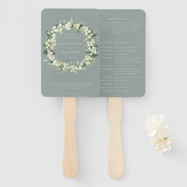 Seafoam Green Snowberry+Eucalyptus Winter Wedding Hand Fan (Front and Back)