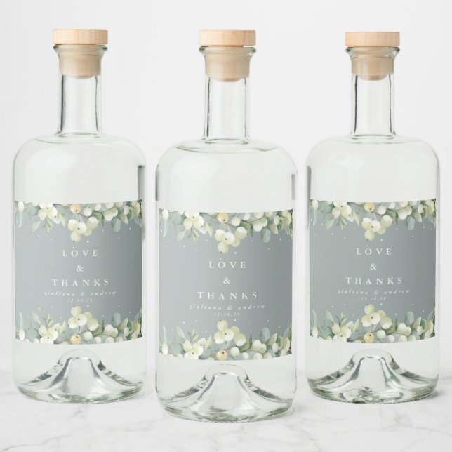Seafoam Green Snowberry+Eucalyptus Winter Wedding Liquor Bottle Label (Bottles)