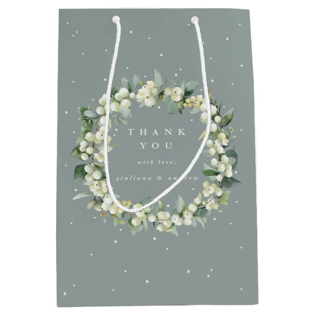 Seafoam Green Snowberry+Eucalyptus Winter Wedding Medium Gift Bag (Front)