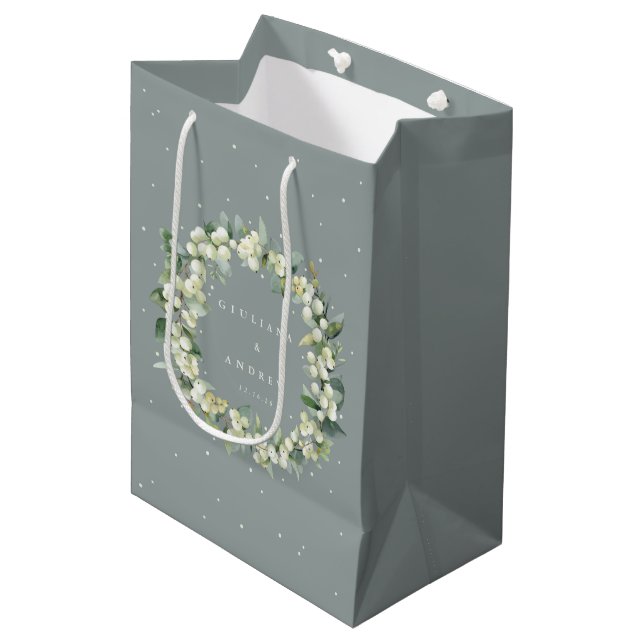 Seafoam Green Snowberry+Eucalyptus Winter Wedding Medium Gift Bag (Front Angled)